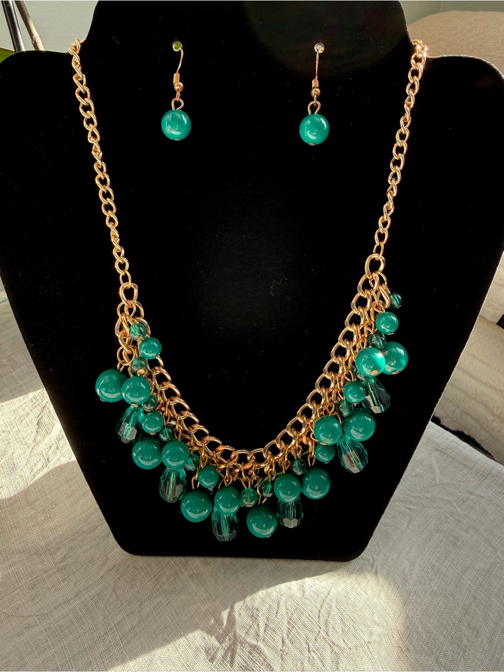 Gold Chain Necklace and Earring Set with Green Beads - Women Jewelry